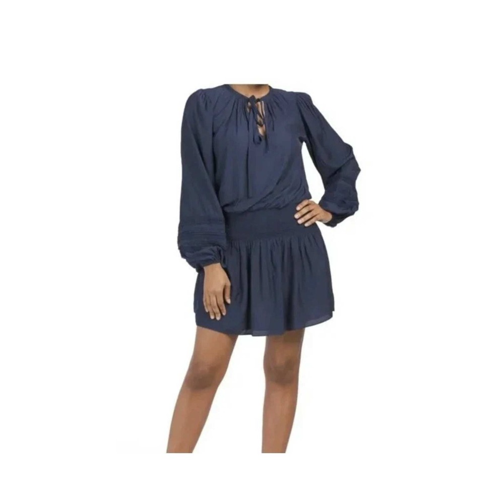 Ramy Brook Long Sleeve Navy Blue Rosey‎ Drop Waist Mini Blouson Dress Sz XS